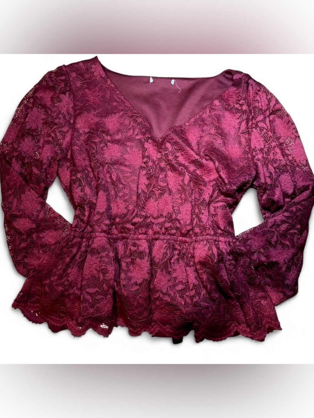 Red/burgundy v-neck long-sleeve lace blouse flair waist